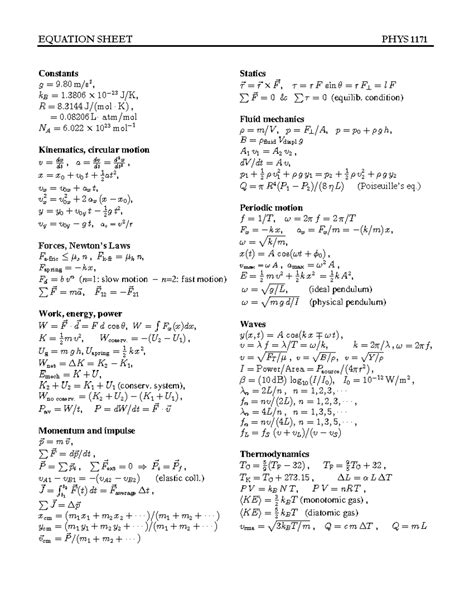 Physics Mechanics Equation Sheet