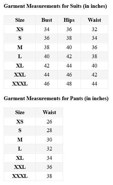 Size Chart for Suit Sets
