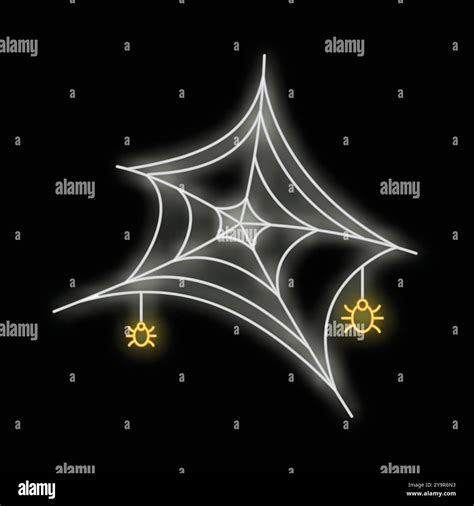 White neon spiderweb with two yellow neon spiders glowing on a black ...