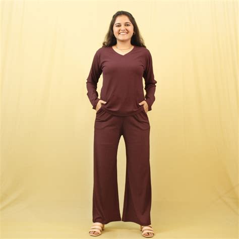Shop Burning Burgundy V-Neck Co-ord Set for Women in Premium Cotton ...