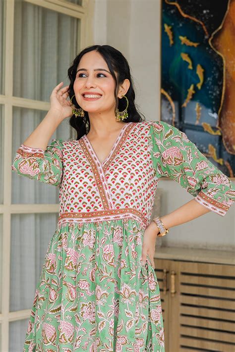 Pistachio Green Hand Block Printed Cotton Dress – Gulab Chand Trends