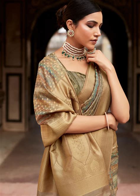 Elegant Brown Banarasi Digital Printed Silk Saree – Maharanisaree