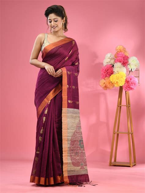 Magenta Cotton Blend Handwoven Saree With Jute Weaving Pallu – Charukriti