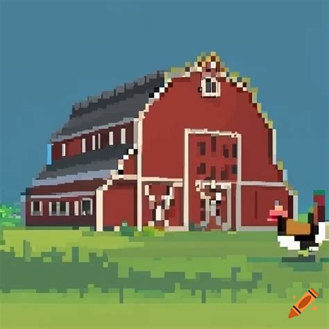 Detailed pixel art of a red barn with chickens and coop on Craiyon