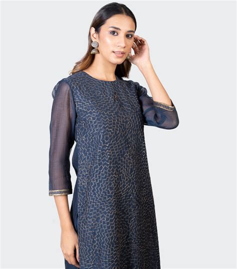 Navy Blue Zari Embroidered Chanderi Kurta with Cotton Pants and Chiffo ...