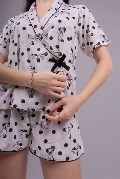 Shop White Printed Shawl Collar Cotton Sleepwear Set for Women Online