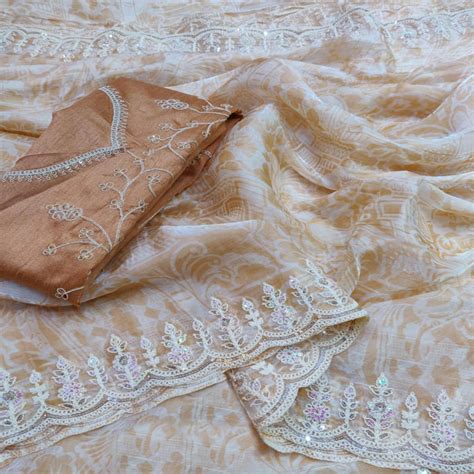 Light Brown Floral Printed Jimmy Choo Tissue Saree With Sequins Embroi