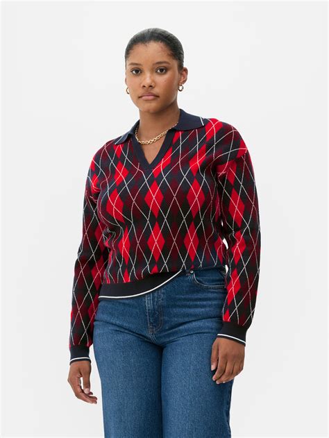 Women's Red Argyle Polo Sweater | Primark