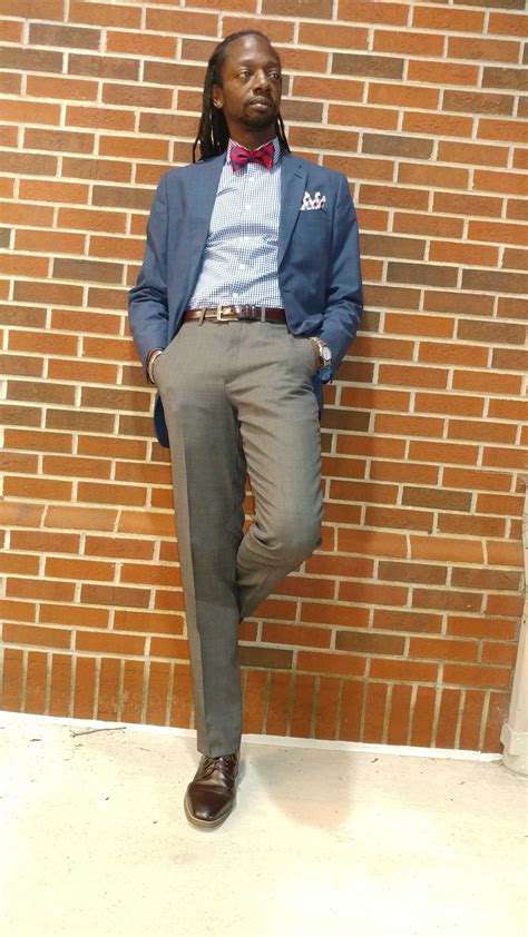 Create a modern navy blazer look by using a patterned blue sportcoat ...