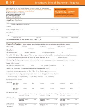 Fillable Online rit Secondary School Transcript Request - Rochester ...