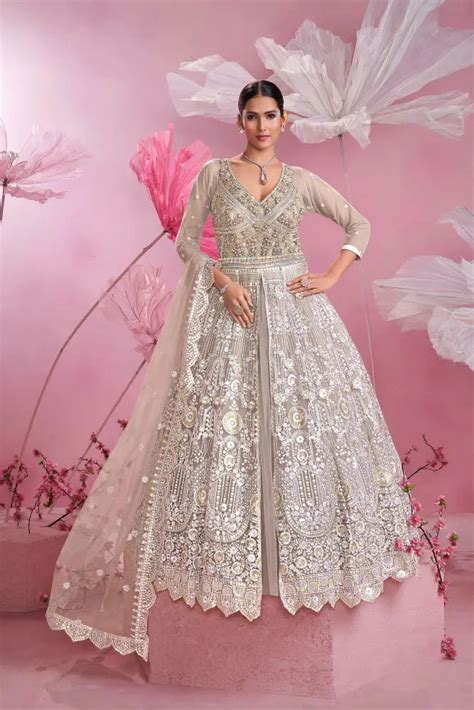 Gold Silver Thread Work Champagne Net Gown With Front Cut Light Pink