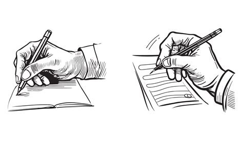 Hand with pen writing on paper vector black outline isolated on white ...