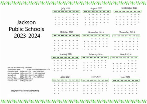 Jackson Public Schools Calendar with Holidays 2023-2024