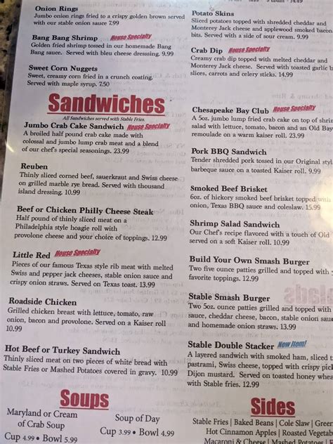 Menu at The Corner Stable restaurant, Cockeysville