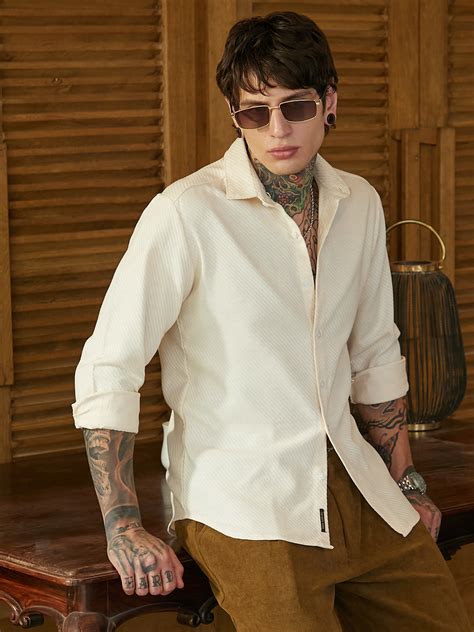 ₹949 | Campus Sutra Men's Cream White Slanted-Trough Shirt - Campussutra