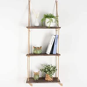 TIMEYARD Decorative Wall Hanging Shelf, 3 Tier Distressed Wood Jute ...