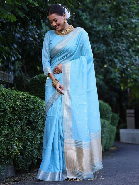 Sky Blue Maheshwari Tissue Silk Weaving Saree