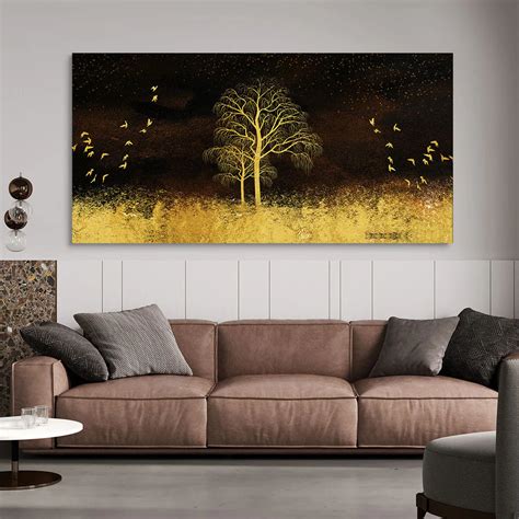 Golden Grass Trees with Birds in Dark Background Wall Painting – Decor ...