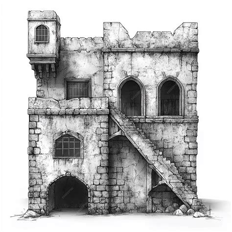 Front view building for a fantasy map black and white with white ...