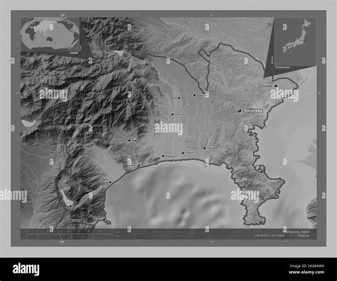 Kanagawa, prefecture of Japan. Grayscale elevation map with lakes and rivers. Locations and ...