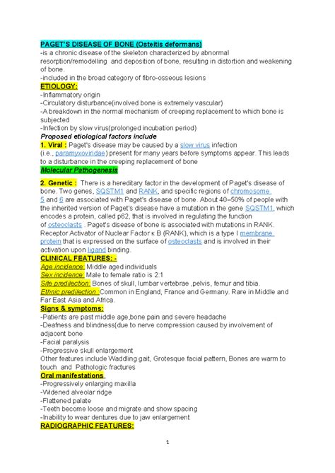 Paget 's BONE Disease - Notes - PAGET’S DISEASE OF BONE (Osteitis ...
