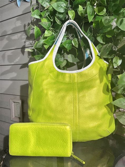 IRIDESCENT NEON Green, Teal & White Leather Large Coach Purse & Wallet ...