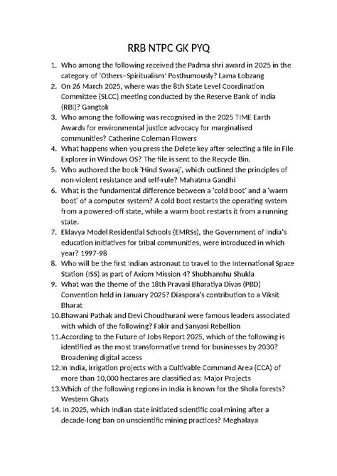 RRB NTPC GK PYQ - Previous Year General Knowledge Questions - Studocu