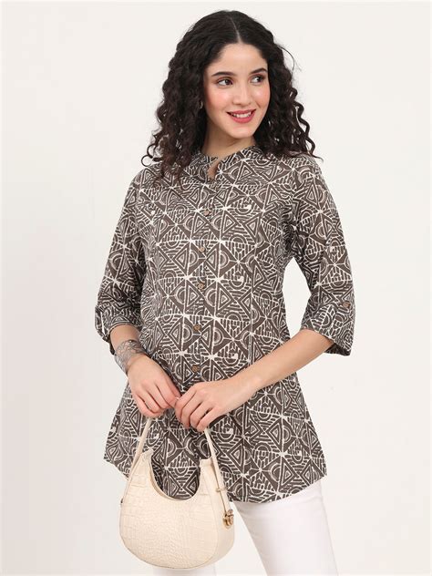Divena Dark Grey Geomatric Printed Cotton Top – divena world