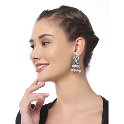 Buy OOMPH Oxidised Silver Large Jhumka Earrings - White Meenakari ...