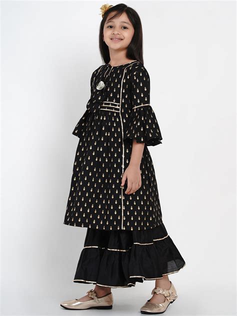 Shop Girls Black Printed Kurta With Sharara Online