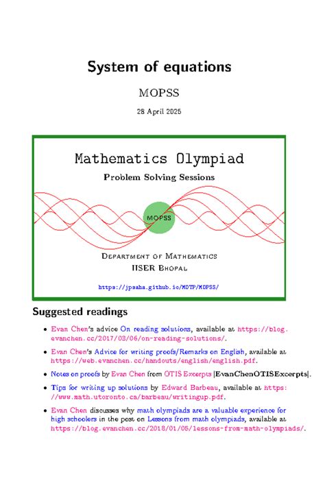 System of Equations - MOPSS Mathematics Olympiad Problem Solving ...