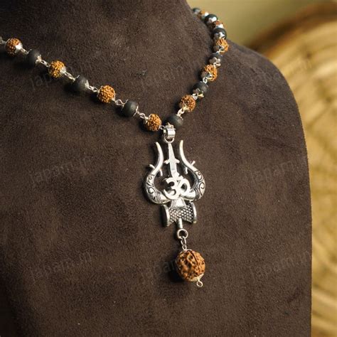 Silver Plated Rudraksha & Karungali Mala with Trishul Pendant – Japam