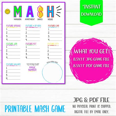 MASH Game Printable MASH Game Digital File Instant | Etsy