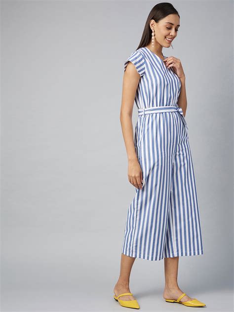 Women's Blue Stripe Cotton Blend Jumpsuit – Stylestone