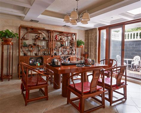 典雅中式茶室客厅一体效果图_齐家网装修效果图