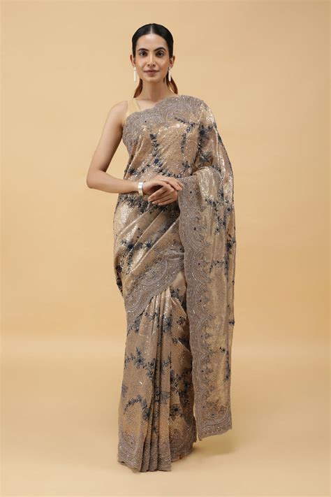 Gold Tissu Organza Saree with Sequins Embroidery & Zardhosi Border ...
