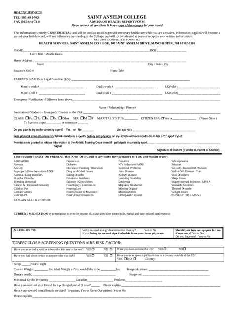 Saint Anselm College Admission Health Report Form - Blank Fillable ...