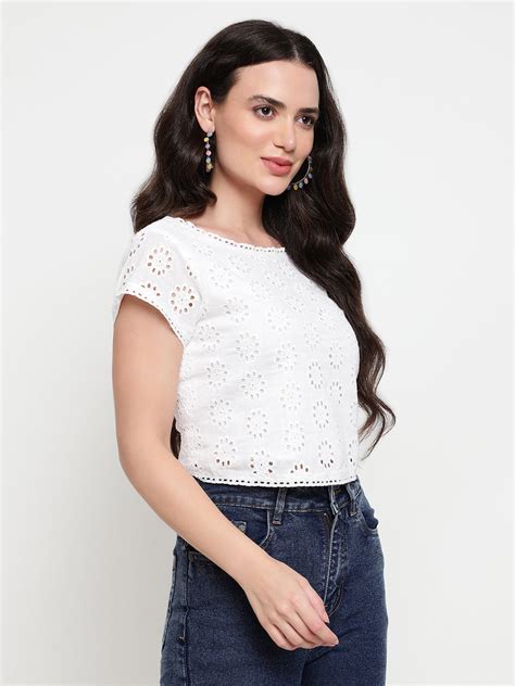 Hazel White Schiffli Ruched Back Crop Top – Roving Mode