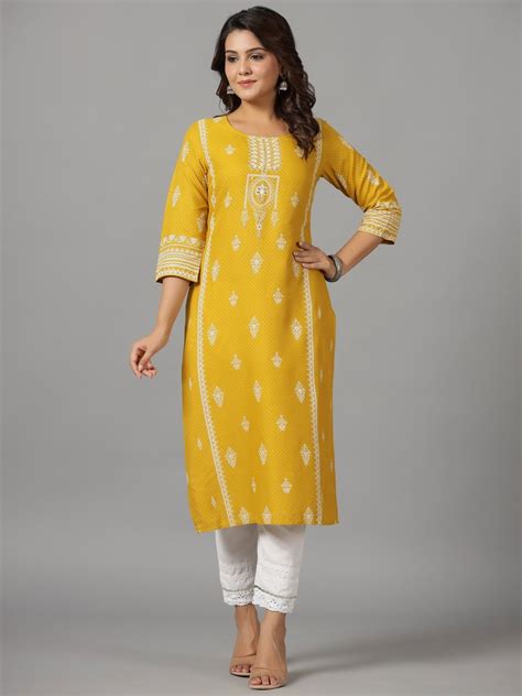 Shop Juniper Mustard Ethnic Motif Rayon Kurta - Beads & Sequins ...