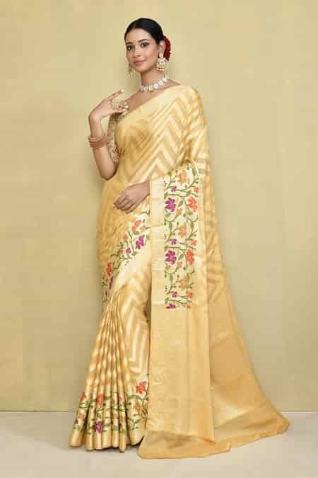 Buy Off White Chiffon Embroidery Chevron And Floral Woven Saree With ...