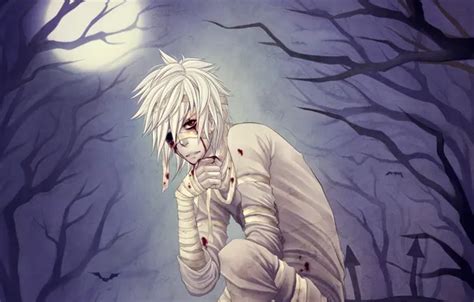 Wallpaper trees, night, the moon, blood, headband, Guy, red eye ...