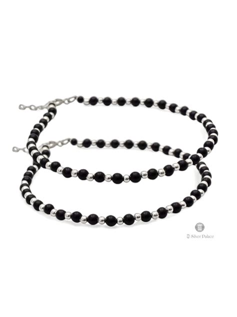 925 Silver One By One Black And Silver Beads Design Anklets For Girls ...