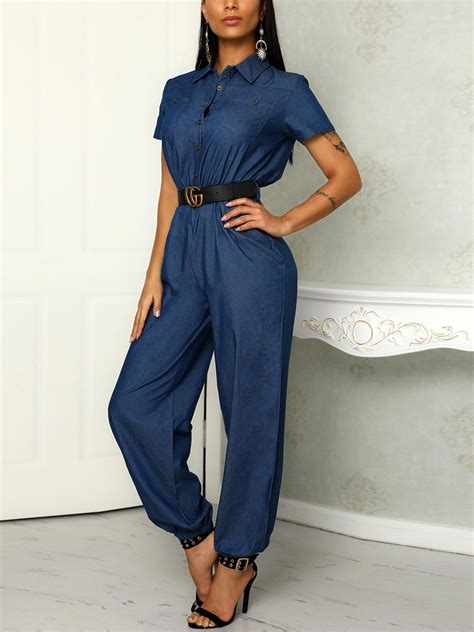 Short Sleeve Pocket Design Belted Denim Jumpsuit Online. Discover ...