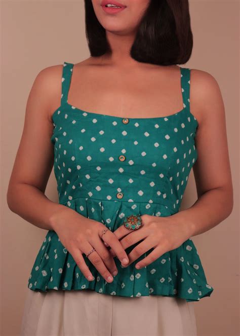 Get Button Detail Green Bandhani Printed Peplum Top at ₹ 1899 | LBB Shop