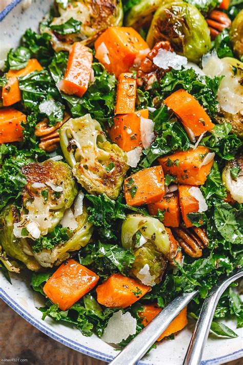 Sweet Potato Brussels Sprout Kale Salad Recipe — Eatwell101
