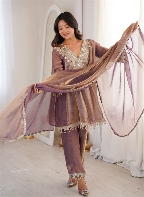 Attractive Fendi Silk Real Mirror Work Purple Party Wear Pant Suit Set ...