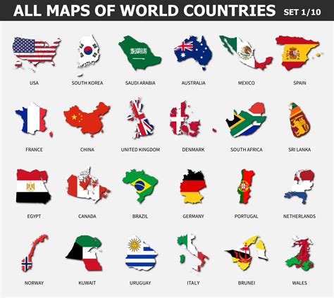 All maps of world countries and flags . Set 1 of 10 . Collection of ...