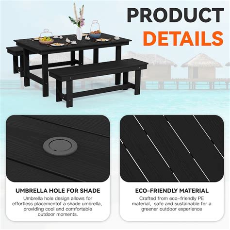 JEAREY 3-Piece Set Table with Umbrella Hole and Two 2-Person Benches 3 ...