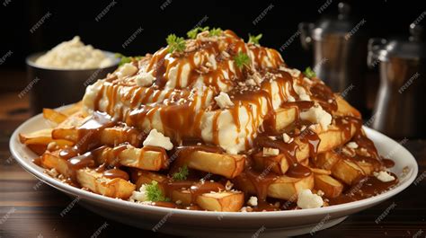 Premium AI Image | Poutine Canadian dish of French fries cheese curds ...