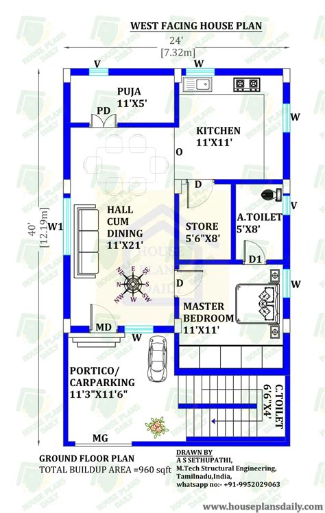 24x40 West Facing Vastu House Plan | Houseplans.world